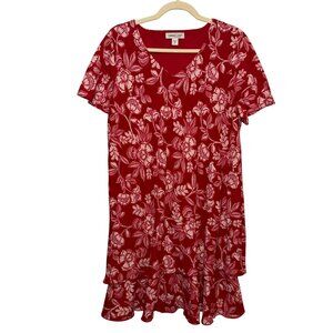 Coldwater Creek Red Floral V-Neck Short Sleeve Tiered Dress PL